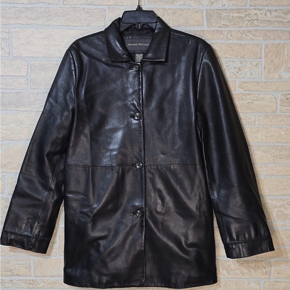 Banana Republic Women’s Black Leather Four Button Coat Blazer Size Large